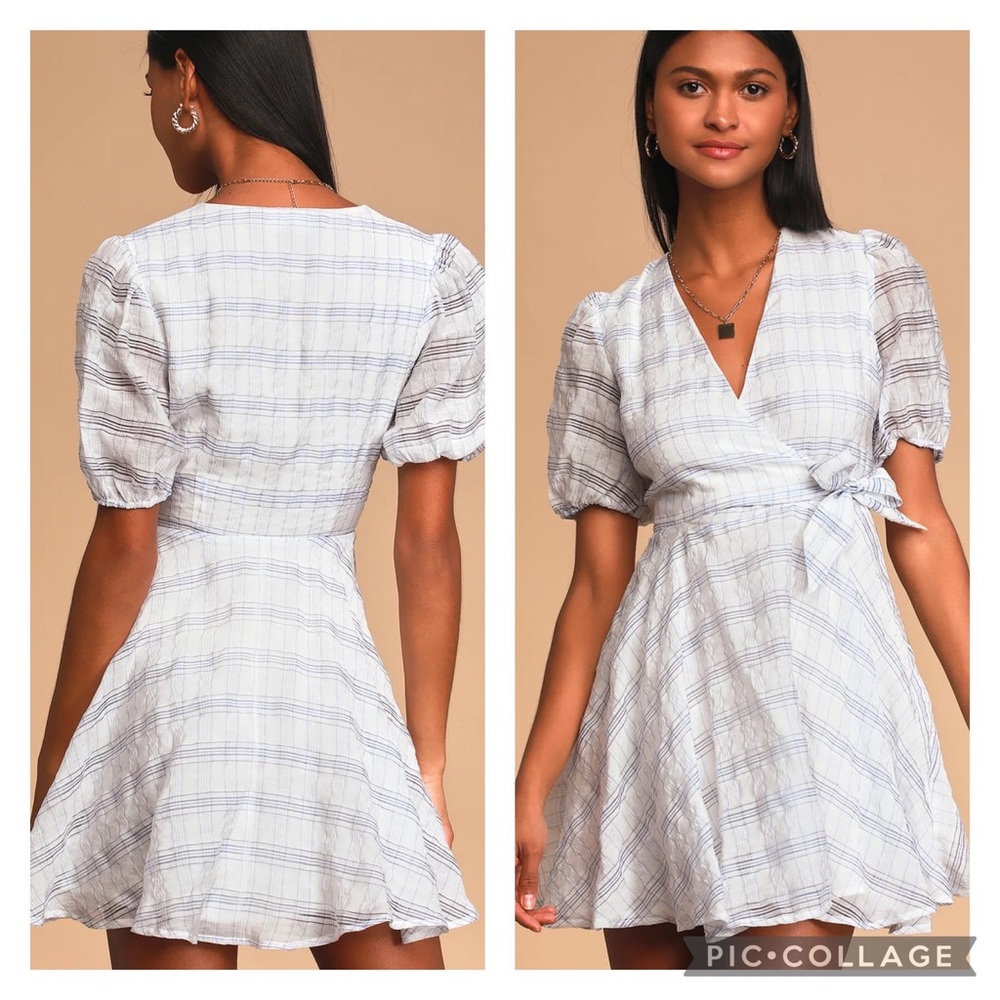 Plaid Wrap Dress in Blue and White